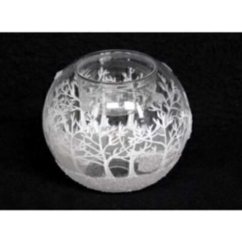 Simple clear and white frosted trees design glass tea light ball Christmas decoration by designer Gisela Graham. Showing a woodland design with a space in the top of the ball to place your tea light candle. Another beautiful Christmas Decoration to add to
